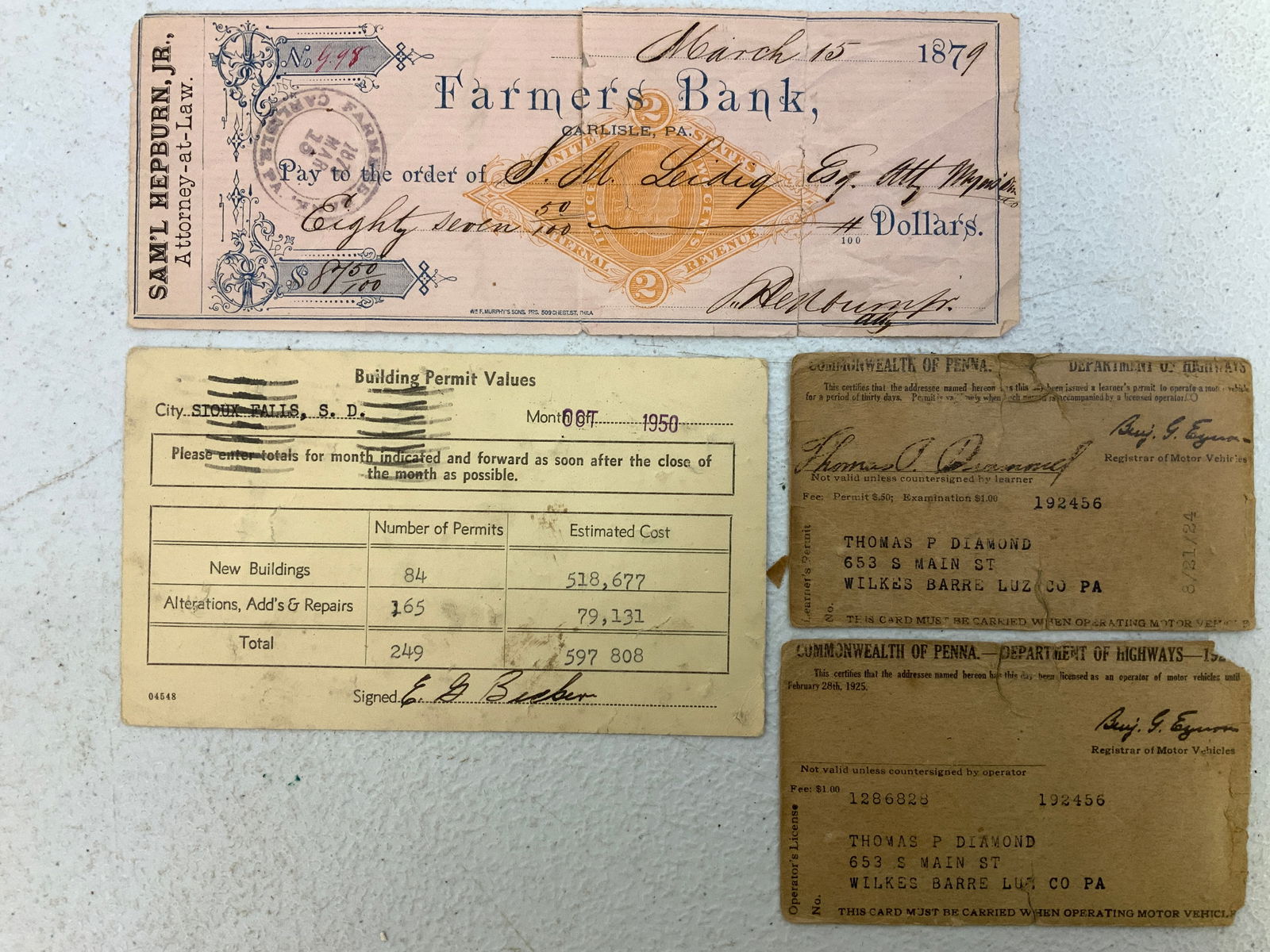 OLD VINTAGE EPHEMERA: OLD VINTAGE EPHEMERA. ANTIQUE CHECK FROM 1879 , 1920'S DRIVERS LICENCE AND 1950 BUILDING PERMIT. CHECK IS SEPARATING IN FOLDED AREAS.