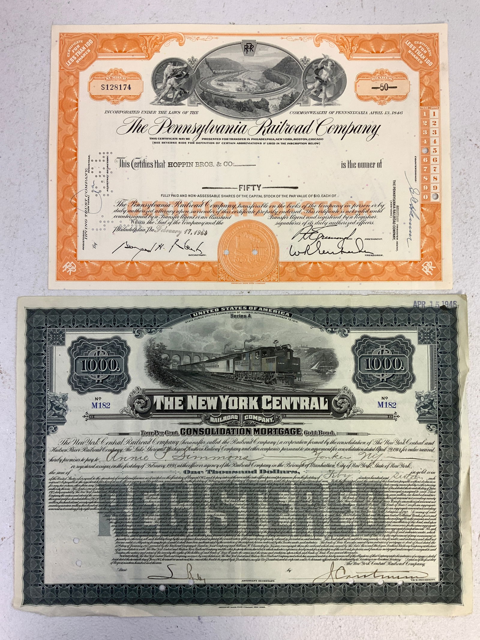 OLD VINTAGE RAILROAD STOCK CERTIFICATES: OLD VINTAGE RAILROAD STOCK CERTIFICATES, VERY FINE
