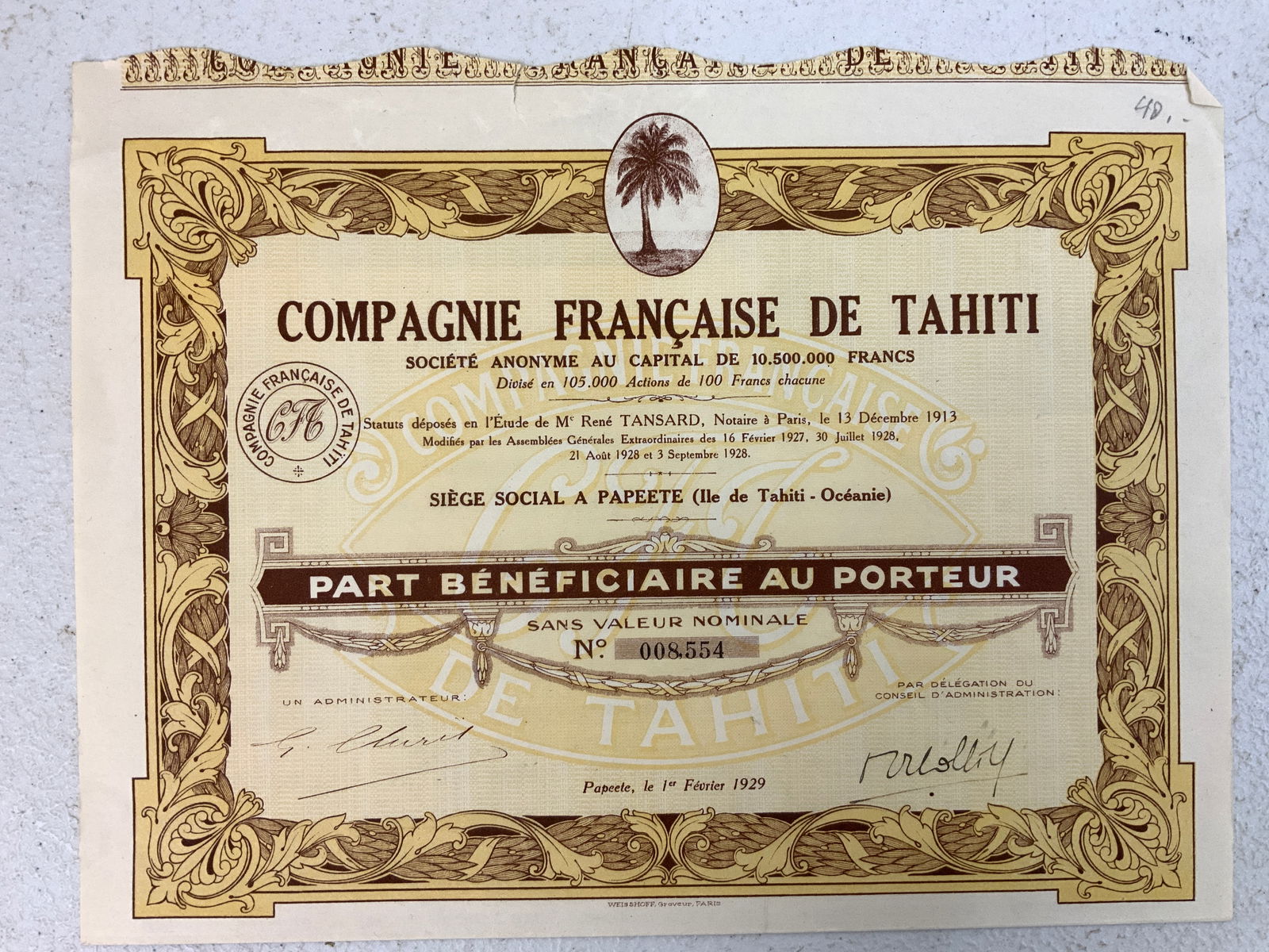 OLD VINTAGE FRENCH POLYNESIA TAHITI COMPANY STOCK SERTIFICATE: OLD VINTAGE FRENCH POLYNESIA TAHITI COMPANY STOCK SERTIFICATE . VERY FINE