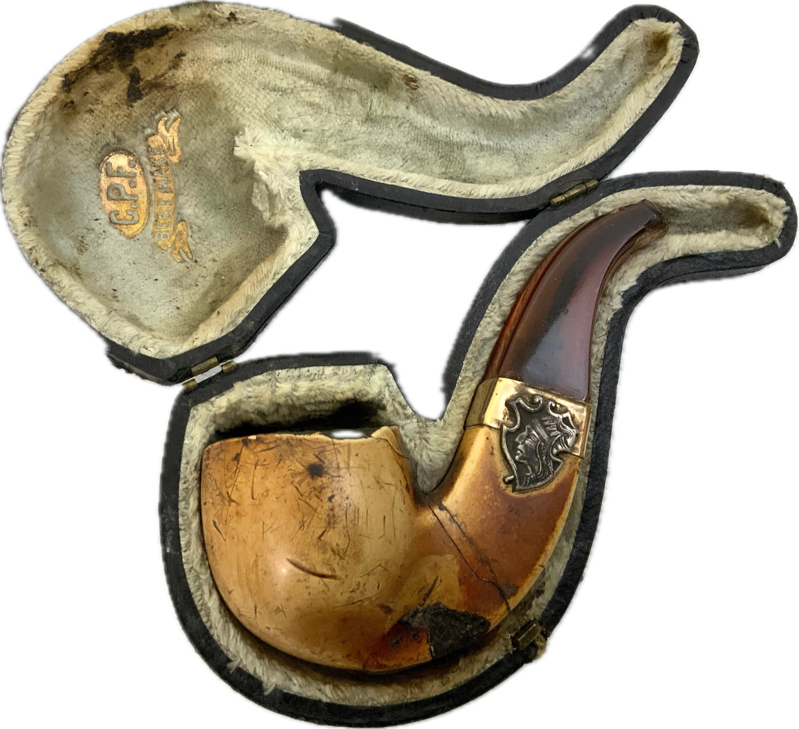 ANTIQUE MEERSCHAUM AND AMBER GOLD AND SILVER DECORATED SMOKING TOBACCO PIPE (1 of 11)
