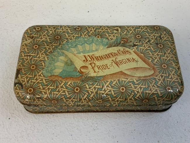 ANTIQUE J.WRIGHT PRIDE OF VIRGINIA TOBACCO TIN BOX WITH CIGARETTE WRAPPERS (1 of 5)