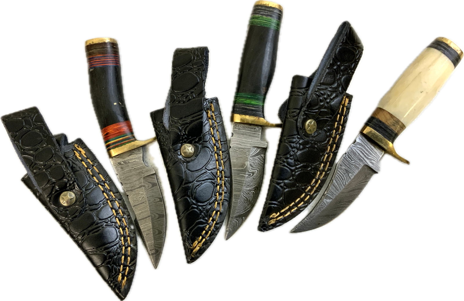 HAND FORGED DAMASCUS STEEL HUNTING KNIVES WITH LEATHER SHEETS: HAND FORGED DAMASCUS STEEL HUNTING KNIFE WITH LEATHER SHEETS.FULL TANG DAMASCUS STEEL BLADES. COLORED COMPOSITE HANDLES WITH BRASS FITTINGS. CUSTOM MADE LEATHER SHEETS. 6" LONG WITH 3"LONG BLADES.