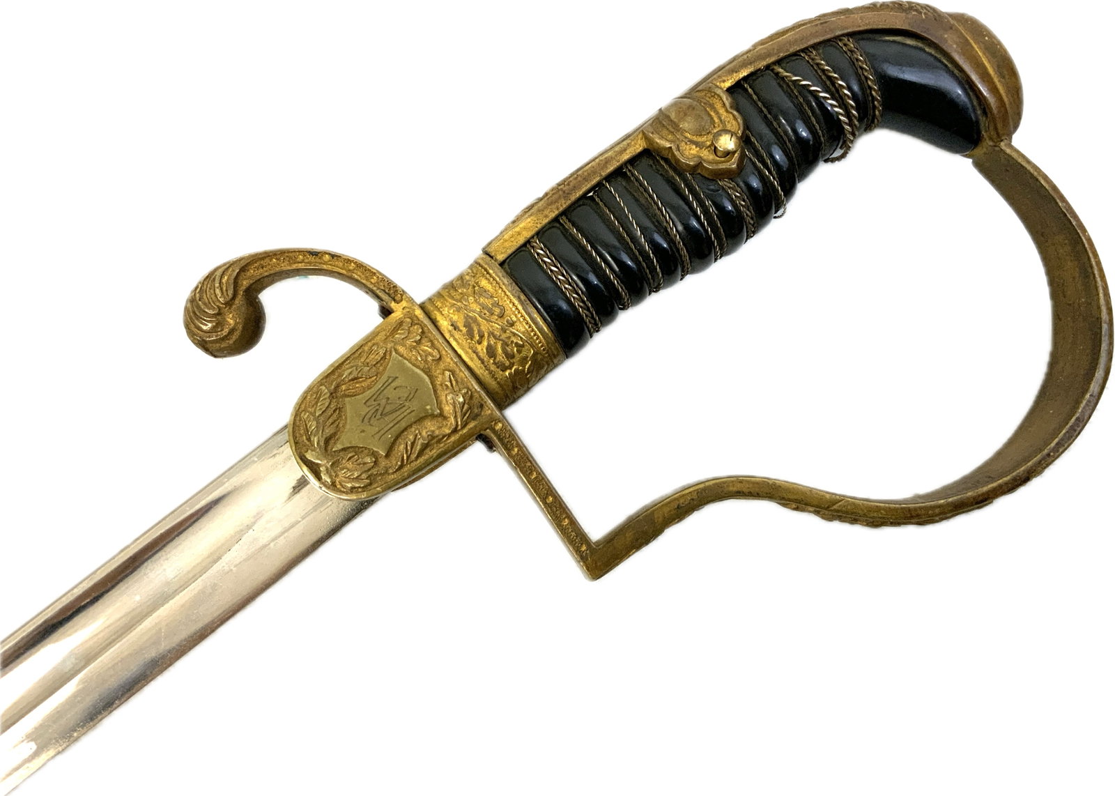 IMPERIAL GERMANY ARMY OFFICERS SWORD: IMPERIAL GERMANY ARMY OFFICERS SWORD.WKC MAKER LOGO STAMPED ON THE BLADE UNDER A LANGETE.GOLDED BRASS FITTIONGS WITH MONOGRAM OF THE OWNER ENGRAVED.VERY NICE OVERALL CONDITION INCLUDING SCABBARD WITH 