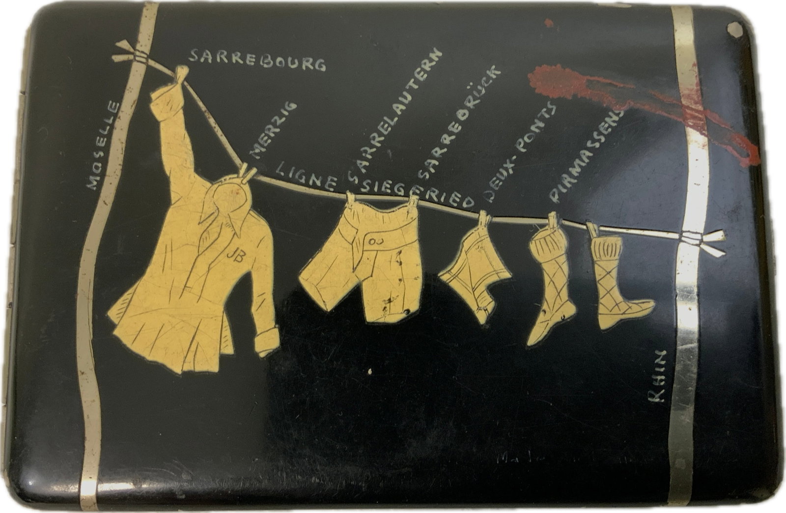 WWII SIEGFRIED LINE CIGARETTE CASE WITH WWII GERMAN POSTAL STAMPS (1 of 5)