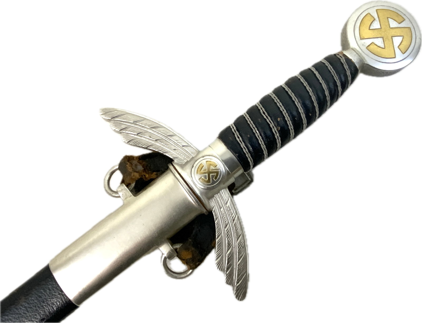 GERMANY THIRD REICH LUFTWAFFE OFFICERS DRESS SWORD: GERMANY THIRD REICH LUFTWAFFE OFFICERS DRESS SWORD. ALUMINUM FITTINGS. NICE AND CLEAN . BEAUTUFUL BLADE MARKED WITH EICKHIRN LOGO. NICE ORIGINAL LEATHER ON SCABBARD AND GRIP. INCLUDE A LEATHER HANGER 