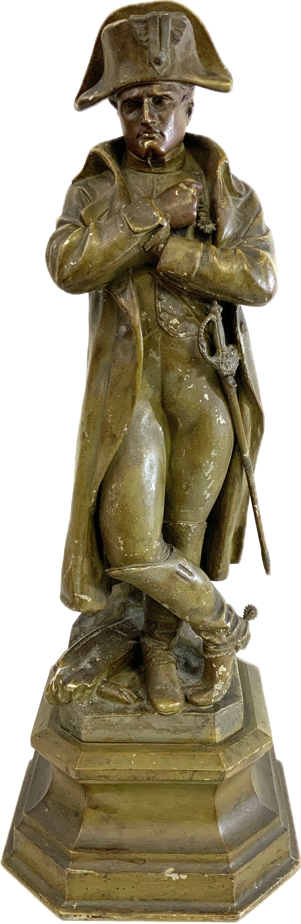 ANTIQUE NAPOLEON BRONZE STATUE: ANTIQUE NAPOLEON BRONZE STATUE.MAGNIFICENT PIECE. STRIKING DETAILS.LARGE SIZE 21" TALL ON 8"X 8" SIZE BASE. MARKED ON THE BOTTON B&H AND NUMBERED.GREAT DECORATING AND HEAVY PIECE.