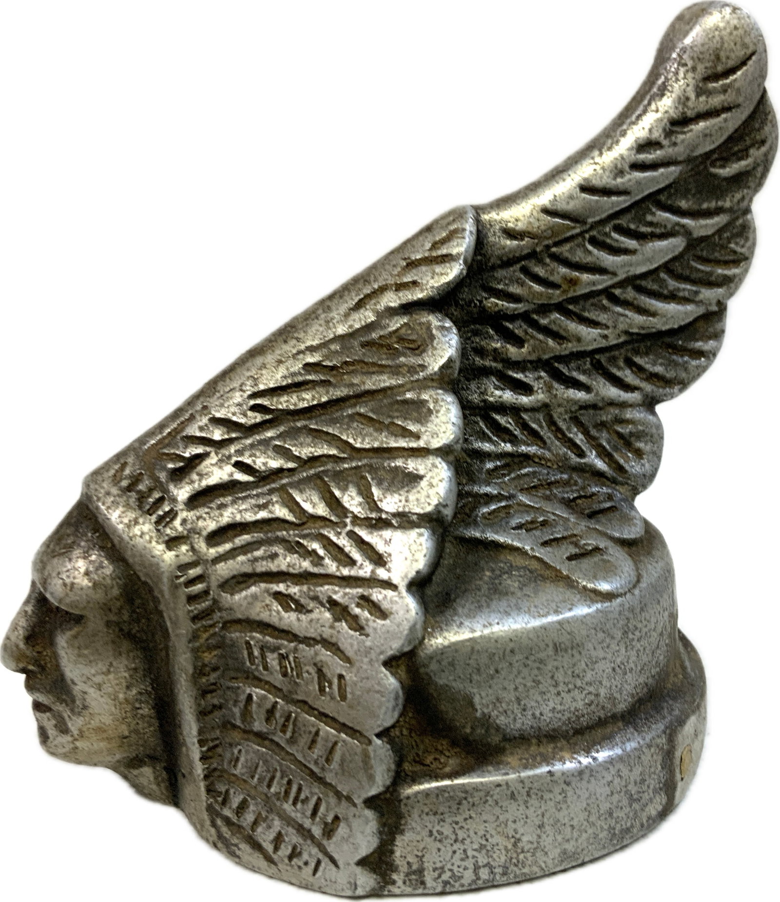 HEAVY PEWTER INDIAN CHIEF HOOD ORNAMENT. (1 of 5)