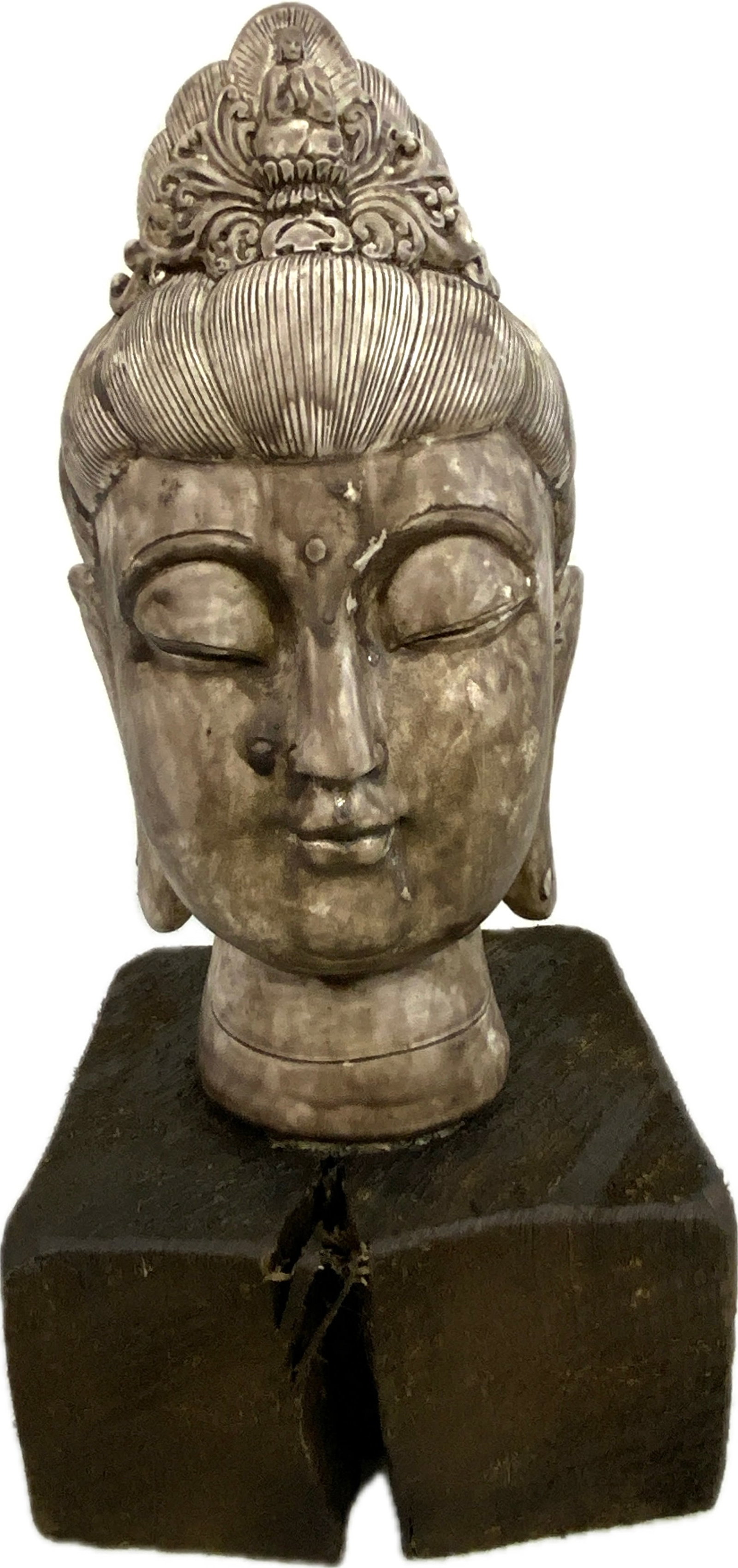 VINTAGE BUDDHA BUST ON WOOD BASE: VINTAGE BUDDHA BUST ON WOOD BASE. 13" TALL. FROM DR. PAUL D. LYNN COLLECTION.