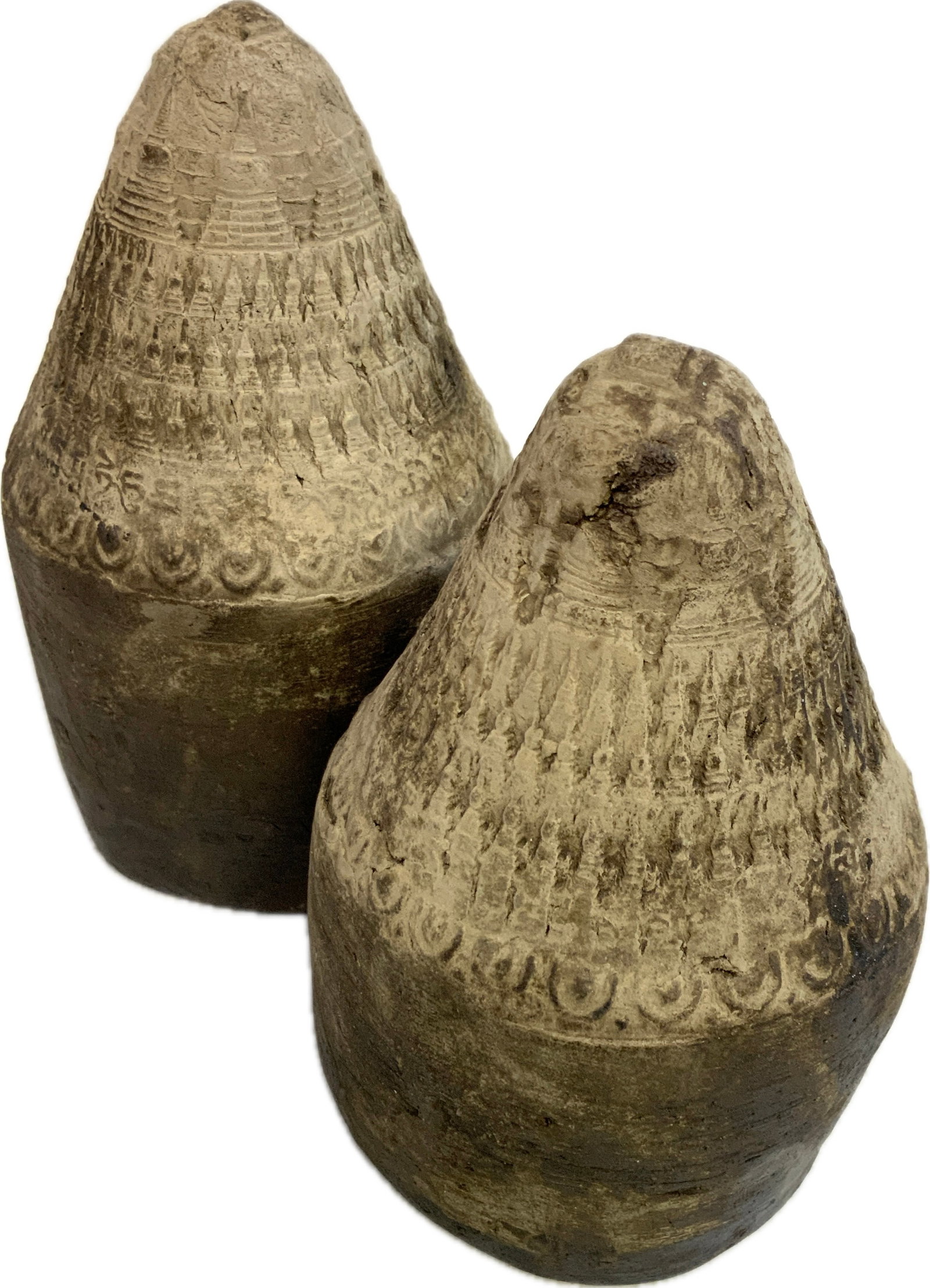 MONGOLIA ANTIQUE PAIR OF MEMORIAL ALTAR STUPAS: MONGOLIA ANTIQUE PAIR OF MEMORIAL ALTAR STUPAS.SHANKH, MONGOLIA. C.1850. 5" X 3.5" SIZE. FROM DR. PAUL D. LYNN COLLECTION.