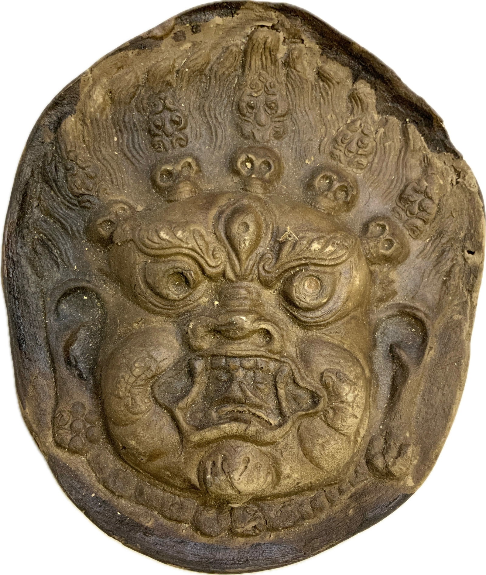 MONGOLIA ANTIQUE MAHAKALA MASK: MONGOLIA ANTIQUE MAHAKALA MASK.FIRED CLAY.ANTIQUE VARNISH.OLD REPAIRS. 6" X 5" SIZE.WESTERN MONGOLIA . EX.TURIN COLLECTION, ITALY. FROM DR. PAUL D. LYNN COLLECTION.
