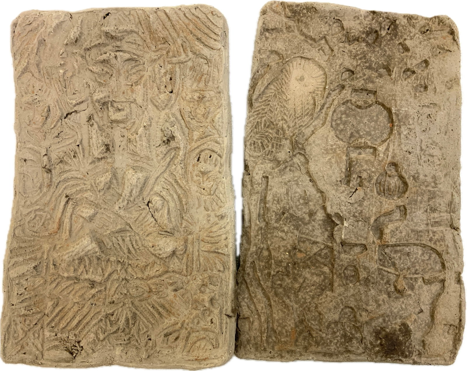 MONGOLIA ANTIQUE PAIR OF TERRACOTTA EXORCISM TABLETS: MONGOLIA ANTIQUE PAIR OF TERRACOTTA EXORCISM TABLETS.1.EXORCIST WITH FOUR SUBJUGATED DEMONS.2. DEMONESS WITH ATTRIBUTES AT DOORWAY. 5" X 8" SIZE.WESTERN MONGOLIA . EX.TURIN COLLECTION, ITALY.FROM