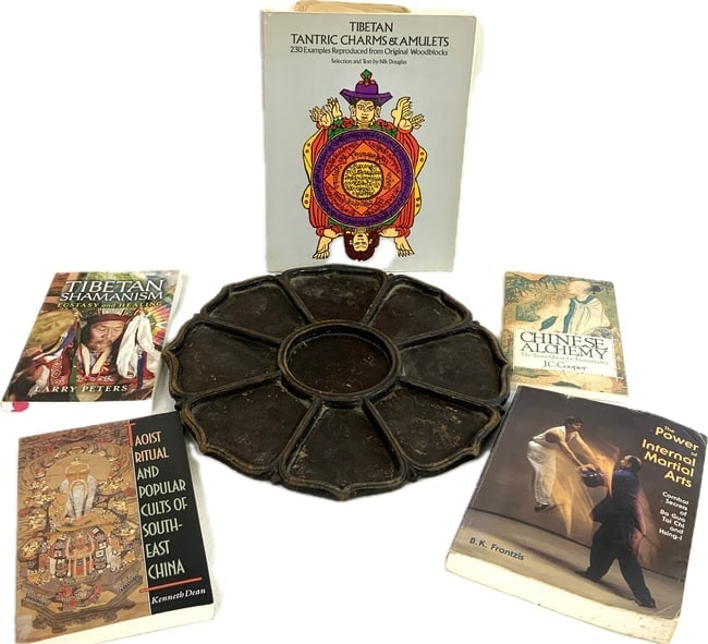 ANTIQUE TAOIST BAGUA TRIGRAM DIVINATION BOARD AND RELATED BOOKS: ANTIQUE TAOIST BAGUA TRIGRAM DIVINATION BOARD. EOOD. 15" DIAM.CHINA. DIVINATION AND TALISMAN BOOKS INCLUDED. FROM DR. PAUL. D LYNN COLLECTION.
