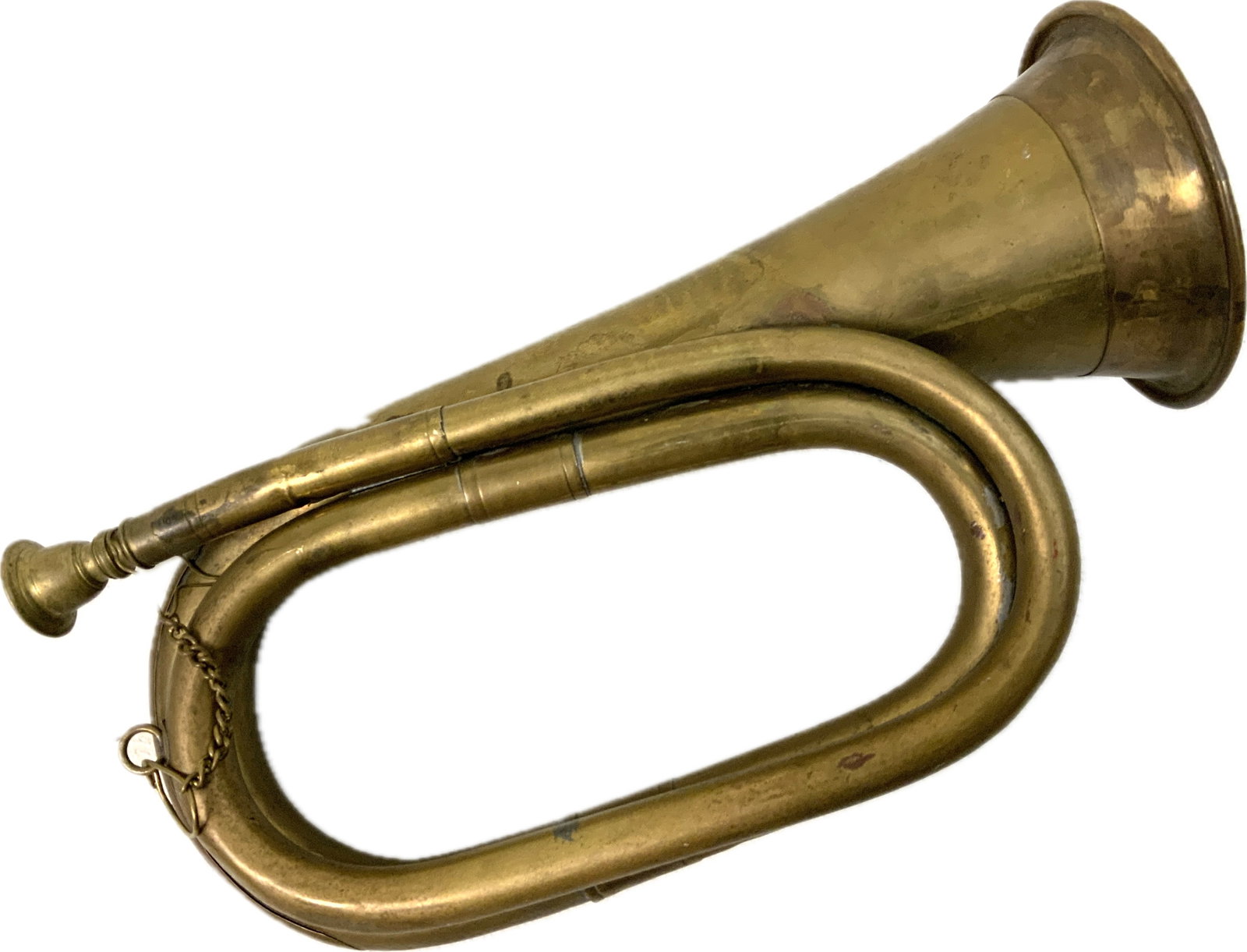 ANTIQUE U.S. MILITARY BRASS BUGLE: ANTIQUE U.S. MILITARY BRASS BUGLE.CIVIL WAR ERA TYPE. ENGRAVED "5th NYV Co B." 11" LONG. GREAT CONDITION.