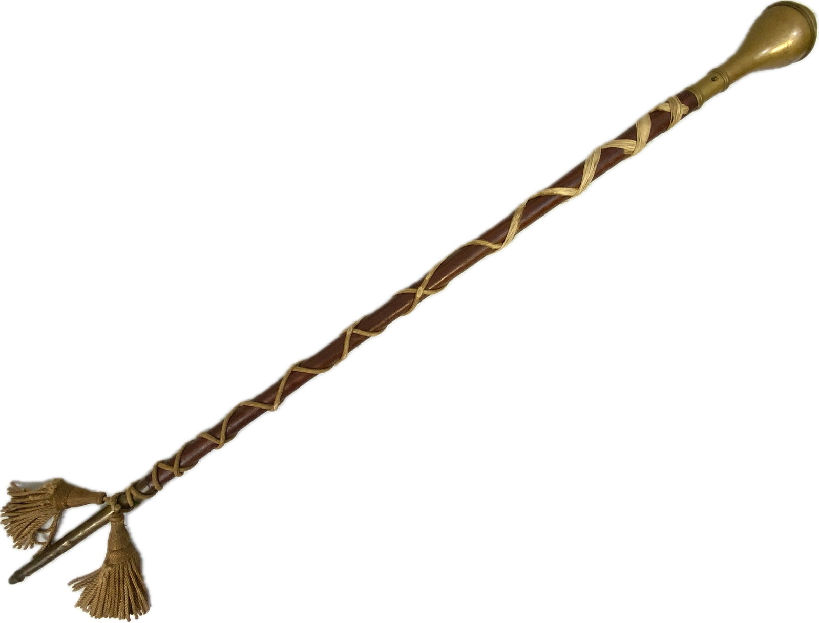 ANTIQUE U.S.MILITARY DRUM MAJOR MACE STAVE: ANTIQUE U.S.MILITARY DRUM MAJOR MACE STAVE.19th CENTURY. GREAT CONDITION.AMERICAN EAGLE ON THE BRASS HEAD.CORD WRAPED STAVE WITH TASSELS. 47" LONG.
