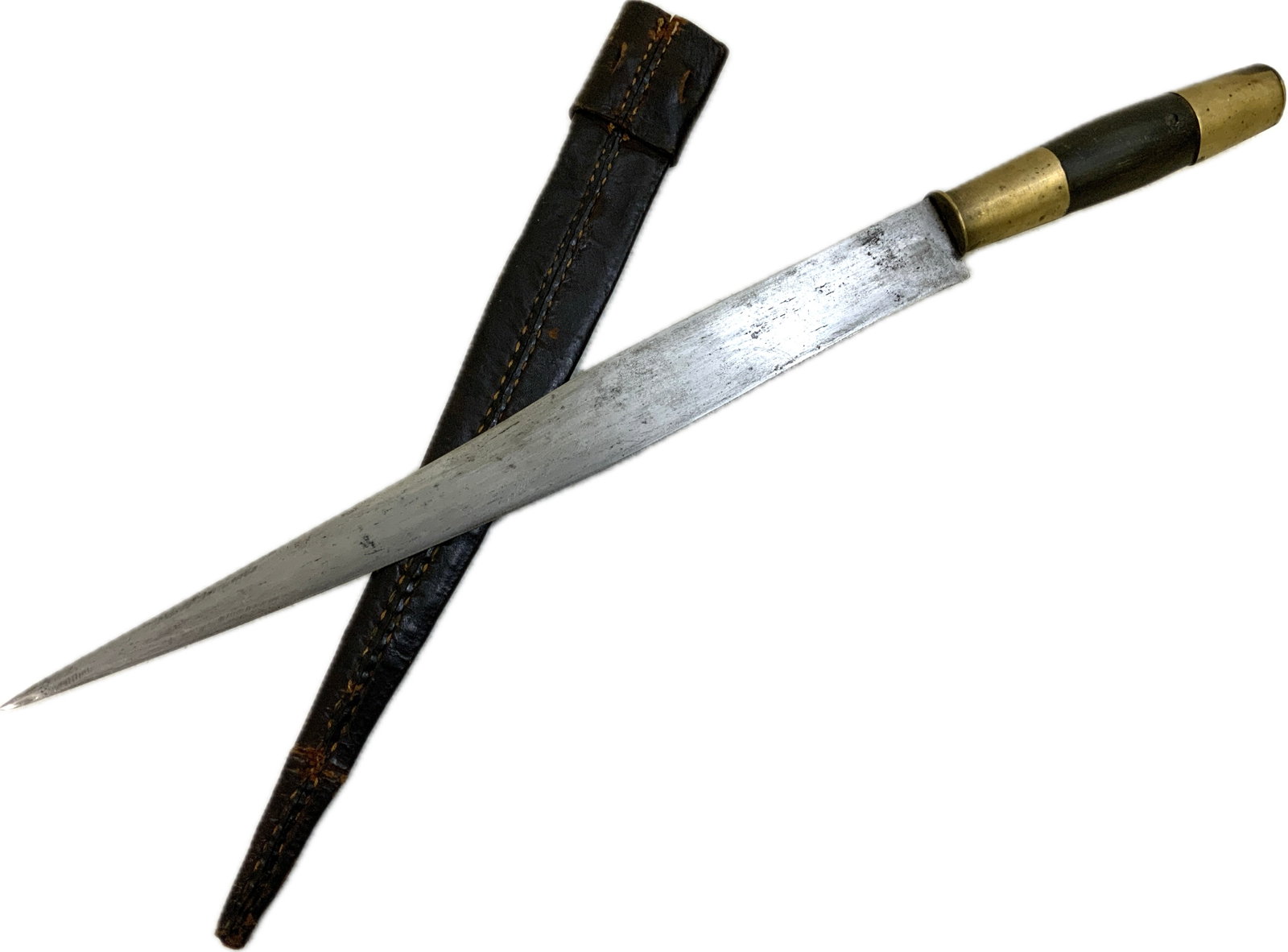 ANTIQUE DAGGER WITH LEATHER SCABBARD: ANTIQUE DAGGER WITH SCABBARD. GOOD CONDITION OVERALL. LONG SPIKE STYLE BLADE. BRASS FITTINGS.LEATHER SHEET.17" LONG WITH 11 1/2" LONG BLADE.