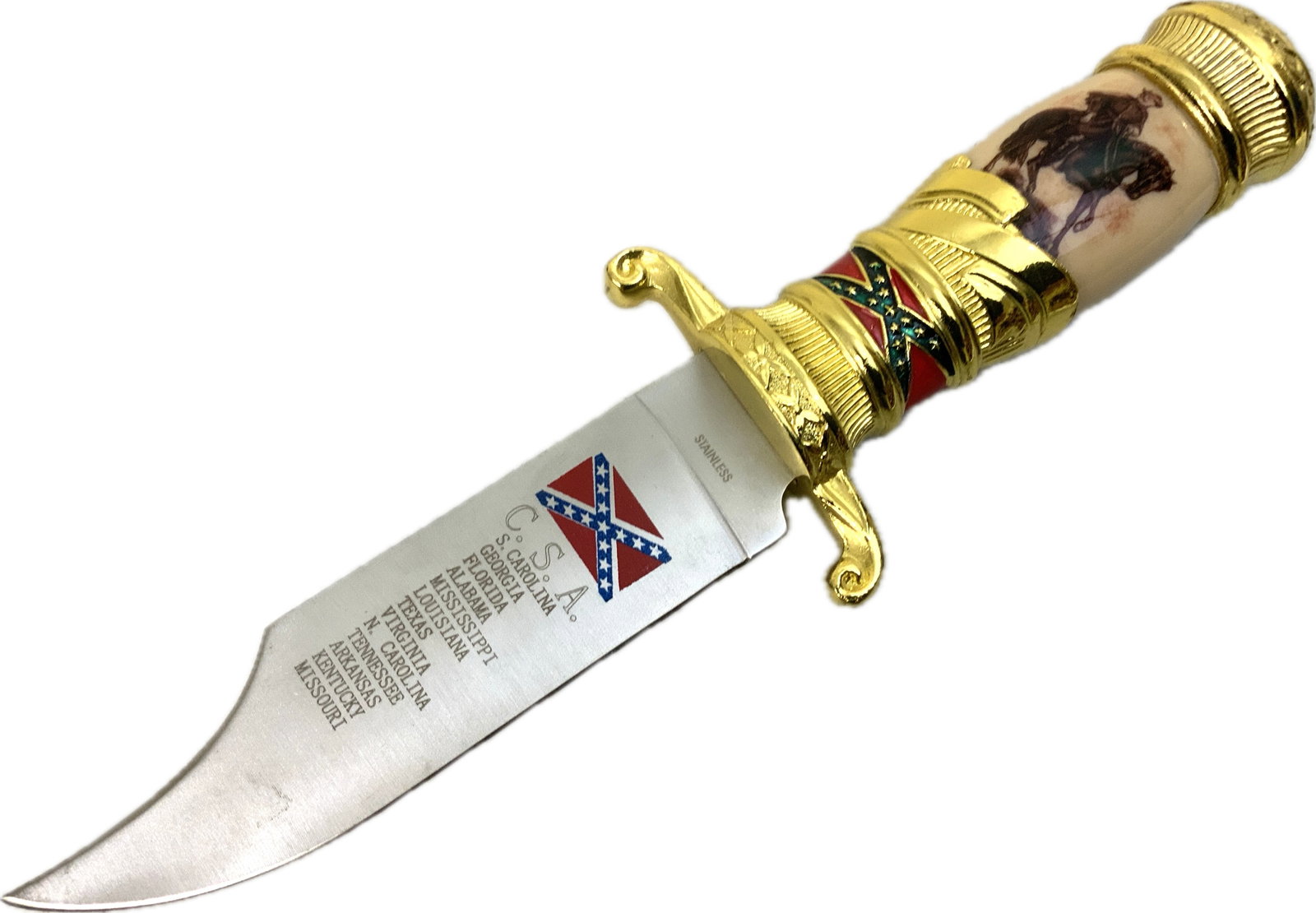 C.S.A. CONFEDERATE STATES OF AMERICA BOWIE KNIFE: C.S.A. CONFEDERATE STATES OF AMERICA BOWIE KNIFE. 10" LONG WITH 7' LONG BLADE.