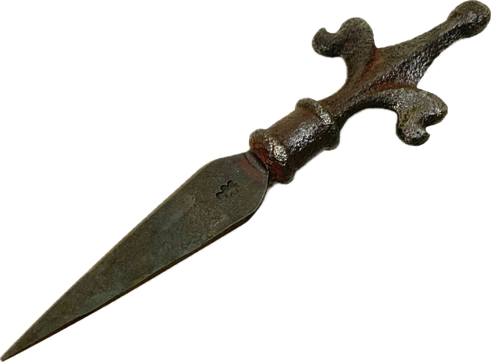 ANTIQUE FENSE FINIAL SPIKE DAGGER: ANTIQUE FENSE FINIAL SPIKE DAGGER. FORGED SPIKE BLADE WITH FOUNDRY STAMP. CAST IRON FENCE FINIAL GRIP.UNIQUE. 8" LONG WITH 4" BLADE.