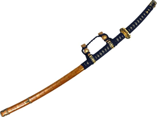 JAPANESE TACHI SAMURAI SWORD WITH HIGHLY DECORATED FITTINGS AND ITO WRAP: JAPANESE TACHI SAMURAI SWORD WITH HIGHLY DECORATED FITTINGS AND ITO WRAP. MODERN MADE BEAUTIFUL CLAY TEMPERED 1095 CARBON STEEL BLADE. TEAL ITO WRAP. DECORATED GILDED FITTINGS WITH BEAUTIFUL SAYA