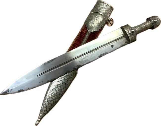 ANTIQUE RUSSIAN SILVER DECORATED BLACK SEA COSSACK STYLE CAUCASIAN KINJAL DAGGER: ANTIQUE RUSSIAN SILVER DECORATED BLACK SEA COSSACK STYLE CAUCASIAN KINJAL DAGGER . BEAUTIFUL AND RARE KINJAL. HEAVY AND WIDE BLADE IS NICELY DECORATED WITH MAKER STAMP ON BOTH SIDES. GREAT CONDITION F