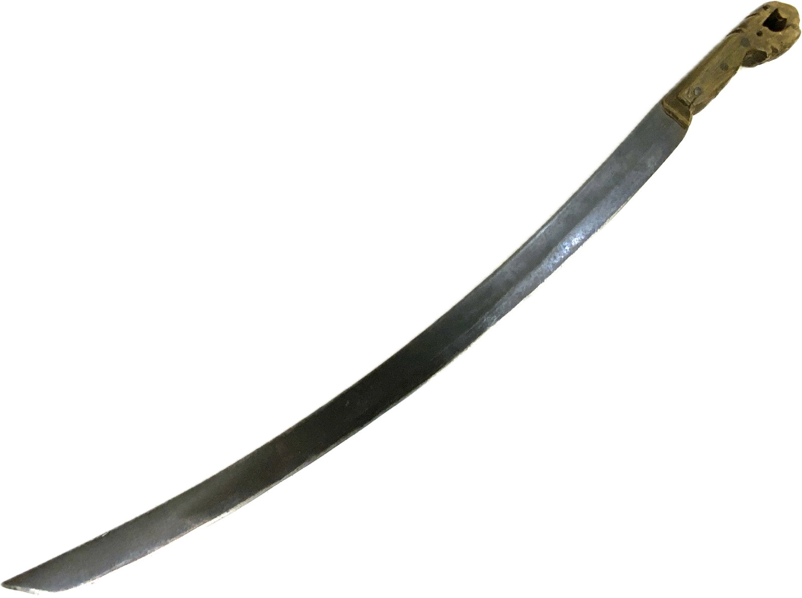 ANTIQUE SPANISH COLONIAL MACHETE SWORD: ANTIQUE SPANISH COLONIAL MACHETE SWORD. LARGE AND HEAVY SHARP BLADE SHOWS GREAT AGE. WOODEN GRIP. 33" LONG WITH 27" LONG AND 1 1/2" WIDE BLADE. RARE FIND.