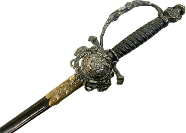 ANTIQUE BELGIUM DIPLOMAT OR GOVERNMENT OFFICIAL COURT SWORD: ANTIQUE BELGIUM DIPLOMAT OR GOVERNMENT OFFICIAL COURT SWORD. BEAUTIFUL DECORATED FITTINGS. MINT CONDITION ETCHED BLADE. CIRCA 19TH CENTURY. 34" LONG WITH 27 1/2" LONG BLADE. PERFECT FIT INTO SCABBARD.
