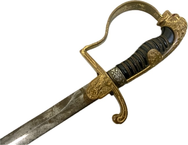 GERMANY THIRD REICH ARMY OFFICERS DRESS SWORD: GERMANY THIRD REICH ARMY OFFICERS DRESS SWORD. WELL USED EXAMPLE BY ALCOSO. WORN BLADE WITH DARK SPOTS.COMPLETE WITH SCABBARD.39" LONG WITH 33" LONG BLADE.