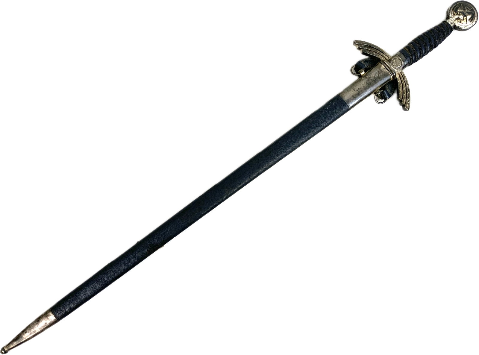 GERMANY THIRD REICH LUFTWAFFE OFFICERS DRESS SWORD: GERMANY THIRD REICH LUFTWAFFE OFFICERS DRESS SWORD. EARLY NICKEL SILVER FITTINGS. MINT BLADE. EICKHORN MARKED. NICE PATINA ALL OVER THE FITTINGS.NICE SCABBARD WITH ORIGINAL LEATHER. 36" LONG WITH 28" 