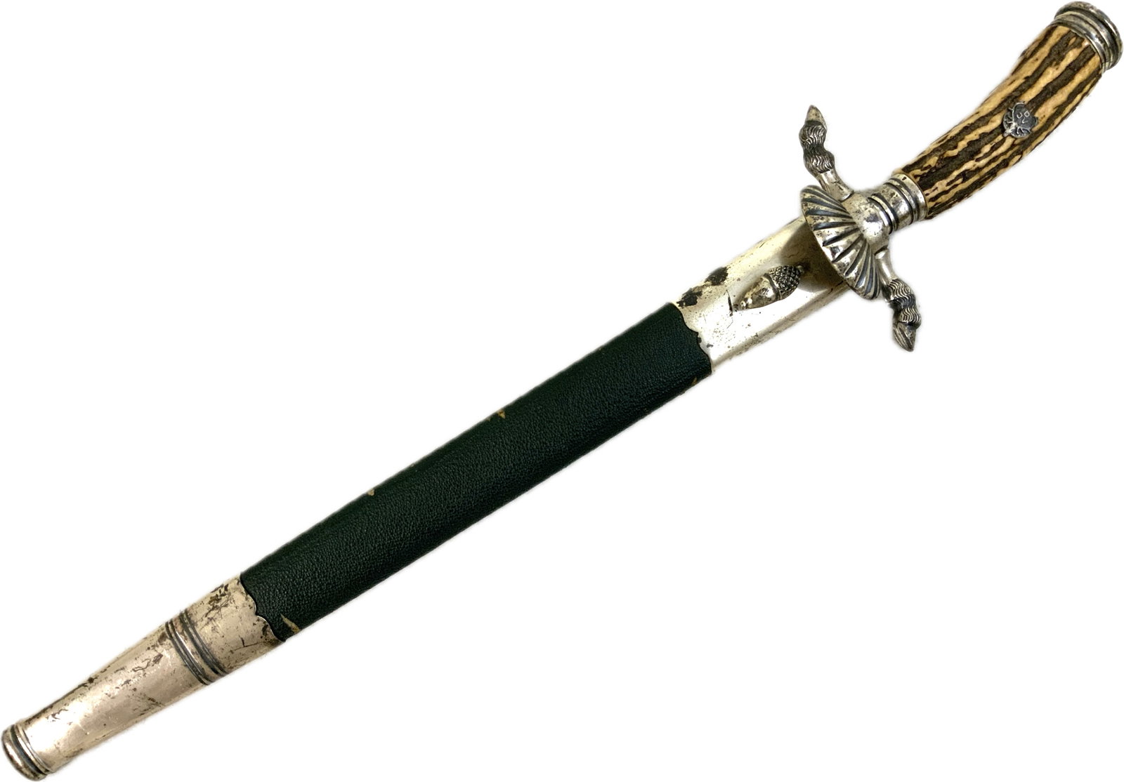 GERMANY HUNTING ASSOCIATION HUNTERS HIRSCHFANGER DAGGER: GERMANY HUNTING ASSOCIATION HUNTERS HIRSCHFANGER DAGGER.BEAUTIFUL PIECE BY CARL EICKHORN.TRIPLE ETCHED BLADE WITH HUNTING MOTIFFS.STAG GRIP WITH DJV EMBLEM.DARK GREEN LEATHER COVERED SCABBARD.VERY GOO