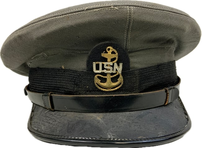 U.S. NAVY GRAY CHIEF PETTY OFFICER VISOR HAT: U.S. NAVY GRAY CHIEF PETTY OFFICER VISOR HAT. WELL USED CONDITION. SHOWS ITS AGE AND WEAR WITH SOME SMALL HOLES