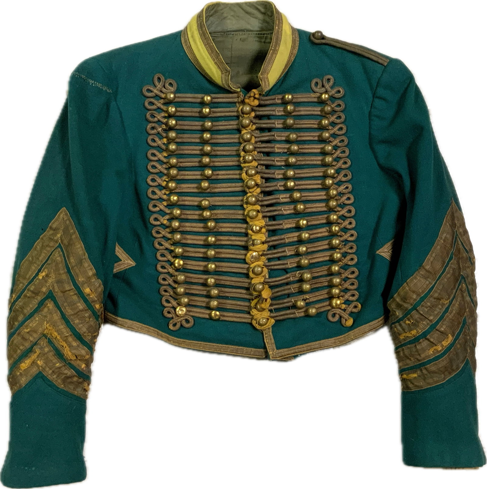 ANTIQUE AUSTRIAN CAVALRY HUSSAR UNIFORM DOLMAN TUNIC JACKET: ANTIQUE AUSTRIAN CAVALRY HUSSAR UNIFORM DOLMAN TUNIC JACKET.EARLY TO MID.19TH CENTURY.SHOWS GREAT AGE BUT STILL IN GOOD CONDITION AND VERY SOLID.OFFICERS RANK DENOTED WITH WIDE GREEN CORDING ON SLEEVE