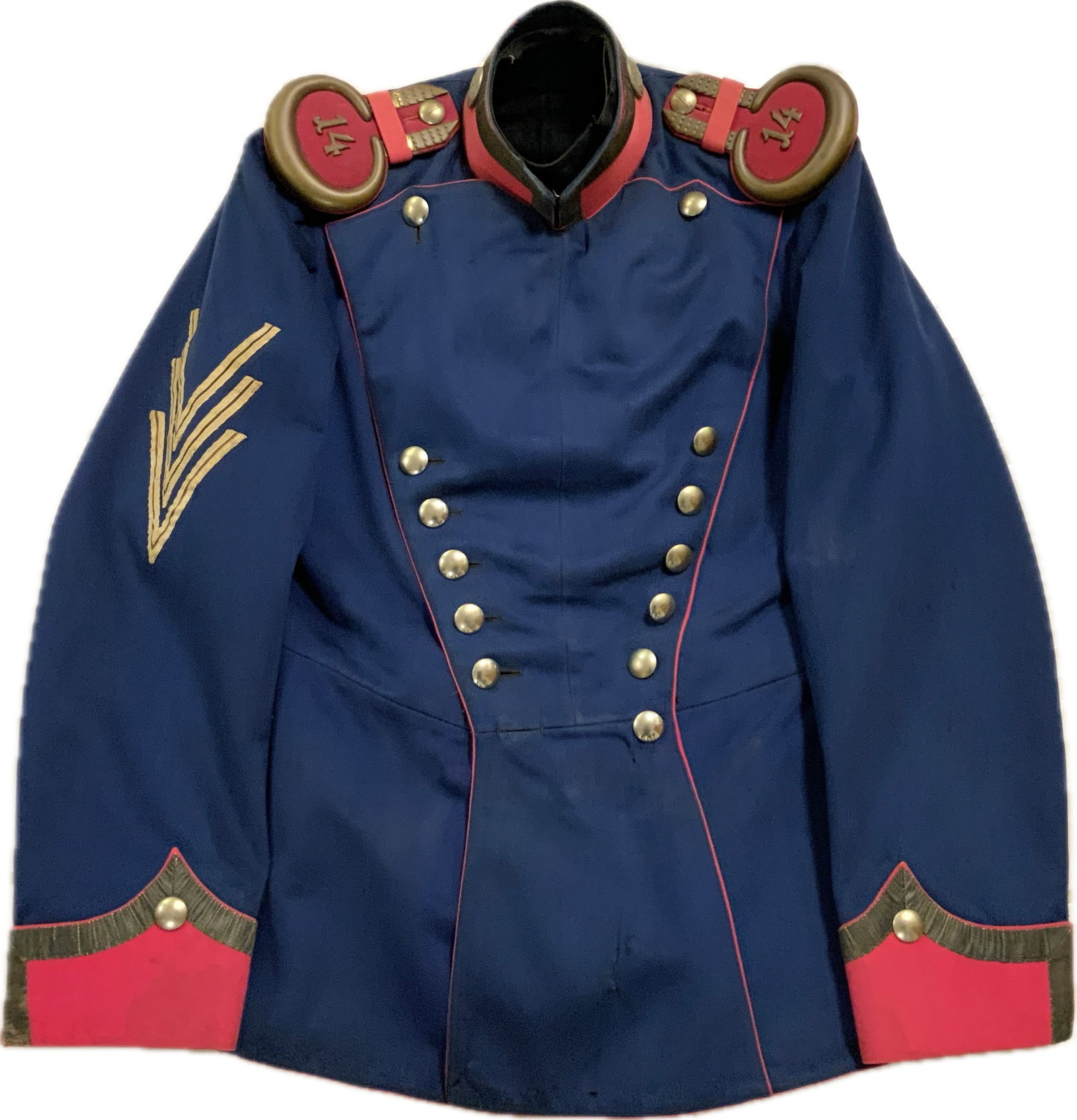 ANTIQUE IMPERIAL GERMAN HANNOVER REG.14 UHLAN UNIFORM TUNIC: ANTIQUE IMPERIAL GERMAN HANNOVER REG.14 UHLAN UNIFORM TUNIC.CIRCA 1900. HANNOVER REGIMENT 14, 1ST KOMP.NCO TUNIC.DEEP BLUE HIGH-QUALITY WOOL BODY WITH CRIMSON PIPING AND STANDING UP COLLAR.ALUM TRESS 
