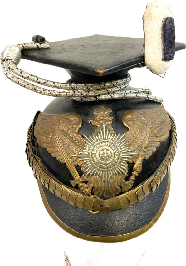 ANTIQUE IMPERIAL GERMAN PRUSSIAN GUARD UHLAN REGIMENT NCO OFFICERS HELMET WITH CORDS: IMPERIAL GERMANY PRUSSIAN GUARD UHLAN REGIMENT NCO OFFICERS HELMET WITH CORDS. VERU NICE AND RARE HELMET. COMPLETE WITH CORDS. GREAT CONDITION FOR ITS AGE. LINER INTACT. BEAUTIFUL PIECE TO DISPLAY.