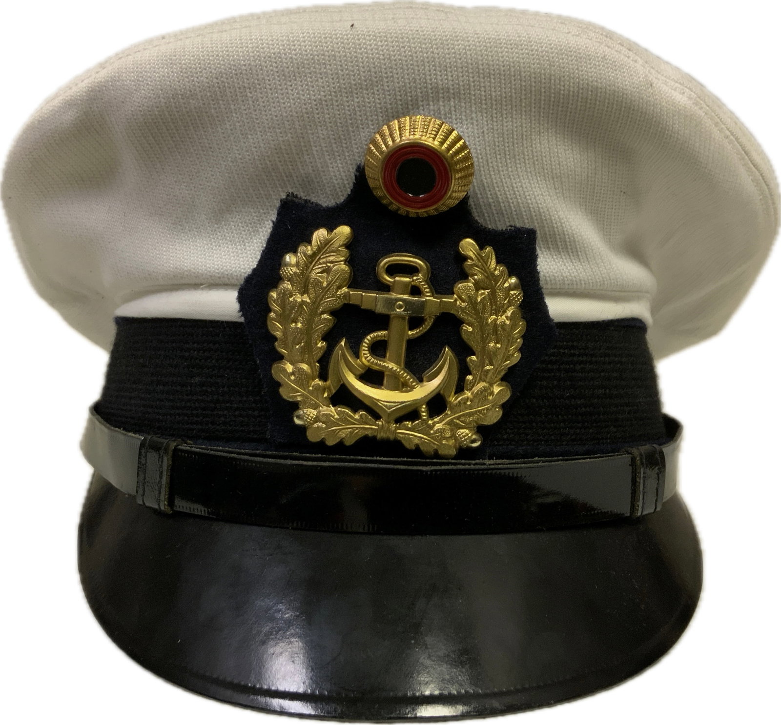 GERMANY WHITE TOP GERMAN NAVY OFFICERS VISOR HAT: GERMANY WHITE TOP NAVY VISOR HAT. GOOD USED CONDITION. MAKER MARKED. SIZE 55