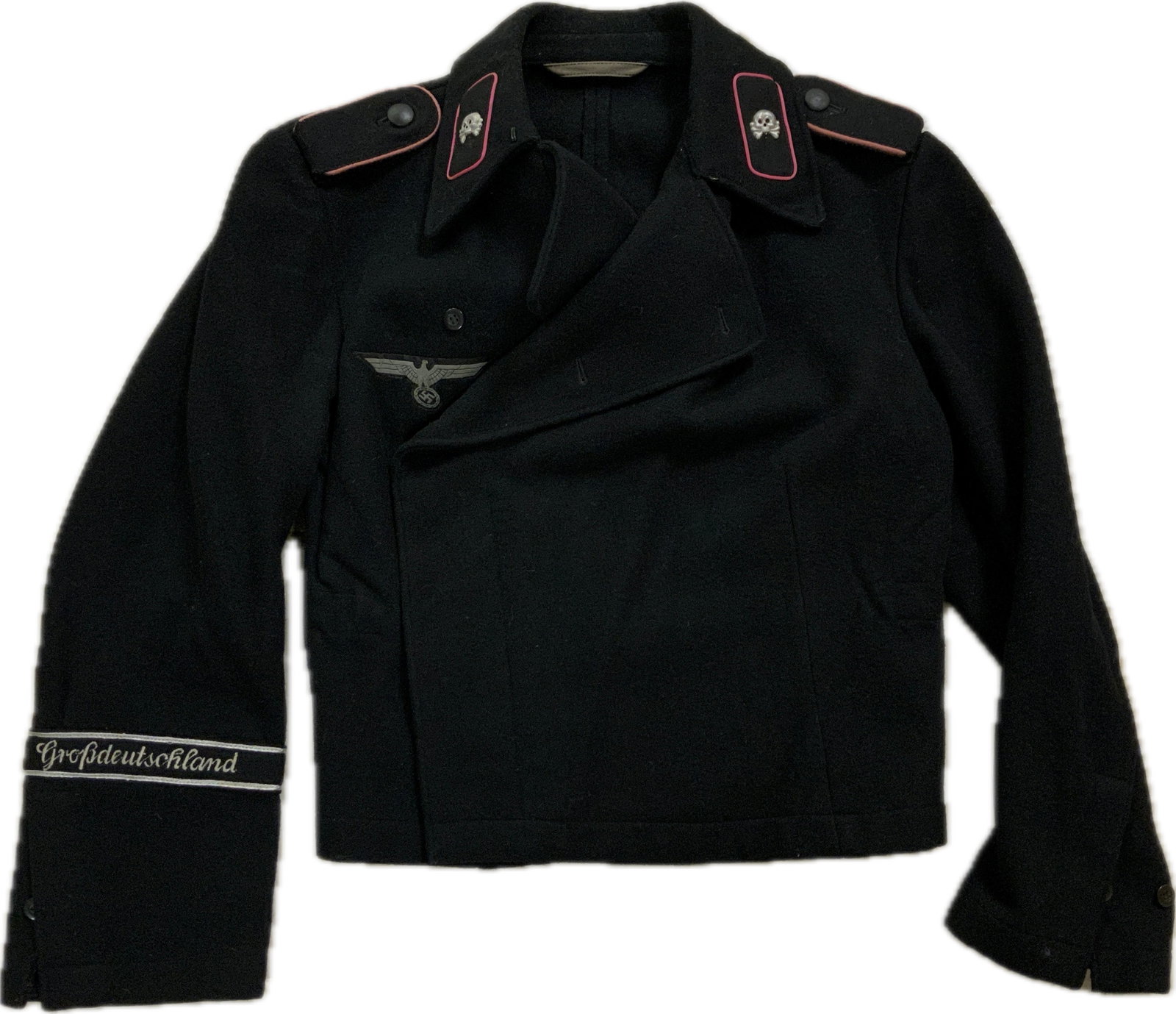 WWII GERMAN ARMY BLACK PANZER UNIFORM JACKET: WWII GERMAN ARMY BLACK PANZER UNIFORM JACKET.MINT CONDITION, MOST LIKELY NEVER ISSUED.GROSSDEUTSCHLAND LATE PATTERN CUFFTITLE.INK STAMPED INSIDE WITH MANUFACTURING INFORMATION AND SIZES.