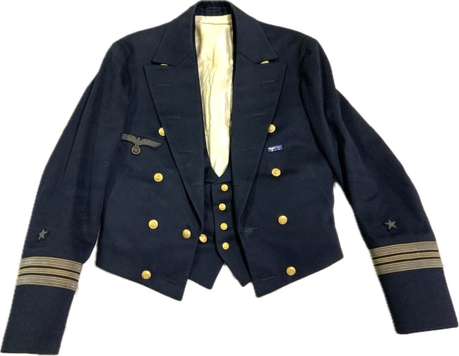WWII GERMAN KRIEGSMARINE OFFICERS MESS DRESS JACKET AND VEST: WWII GERMAN KRIEGSMARINE OFFICERS MESS DRESS JACKET AND VEST. VERY NICE MINTY CONDITION SET. VERY HIGH QUALITY WOOL MATERIAL WITH ALL GILDED KRIEGSMARINE BUTTONS INTACT. NAME TAGS IN BOTH PIECES IDENT