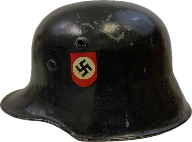 THIRD REICH GERMANY LEIBSTANDARTE ALLGEMEINE SS M18 PARADE HELMET: THIRD REICH GERMANY ALLGEMEINE SS M18 PARADE HELMET. BLACK PAINTED ORIGINALLY IMPERIAL GERMAN MADE M18 HELMET. DOUBLE DECAL. OVERALL GOOD CONDITION WITH SOME WEAR AMD PAINT CHIPPING. NO LINER. NICELY