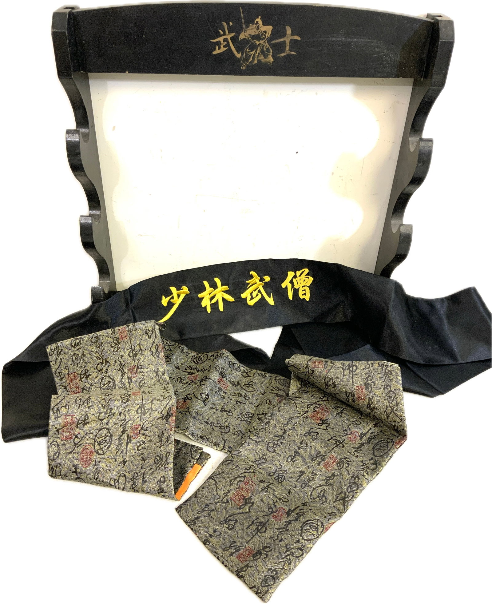 JAPANESE SWORD STAND RACK WITH BAG AND SASH WITH KANJI: JAPANESE SWORD STAND RACK WITH BAG AND SASH WITH KANJI.15" X 17" SIZE. SWORD BAG IS 51" LONG AND 5 1/2" WIDE. SASH 75" LONG AND 4" WIDE.