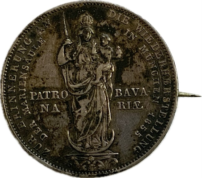IMPERIAL GERMANY BAVARIA 1855 KING MAXIMILIAN II SILVER COIN BROOCH: IMPERIAL GERMANY BAVARIA 1855 KING MAXIMILIAN II SILVER COIN BROOCH. 1 3/8' DIAM.