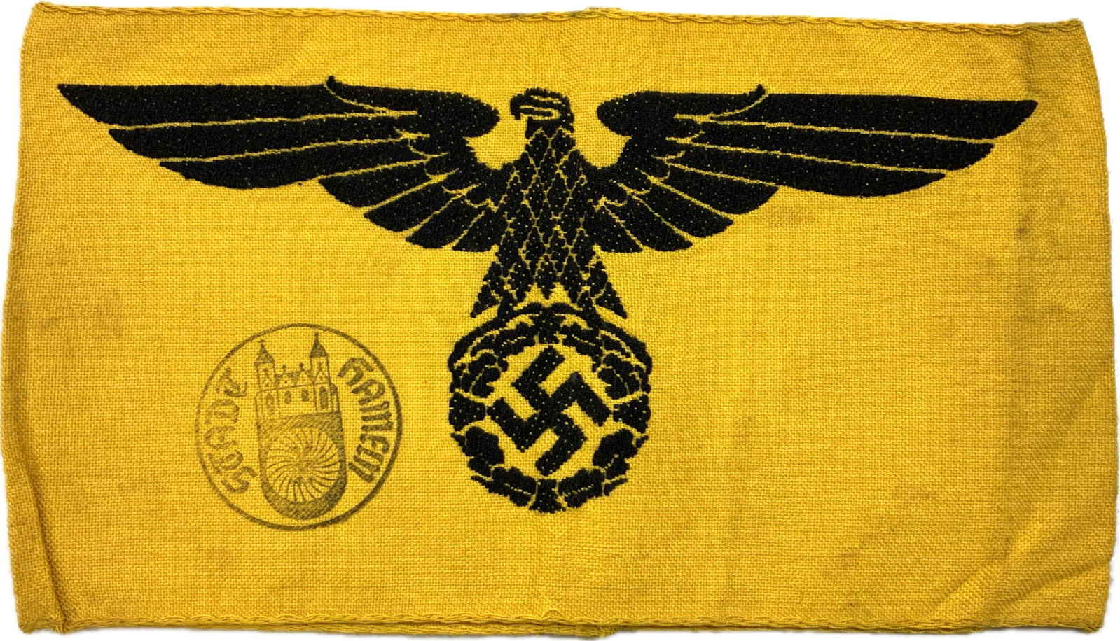 WWII GERMAN STATE SERVICE YELLOW ARMBAND: WWII GERMAN STATE SERVICE YELLOW ARMBAND.NICE INK STAMP. GREAT CONDITION.