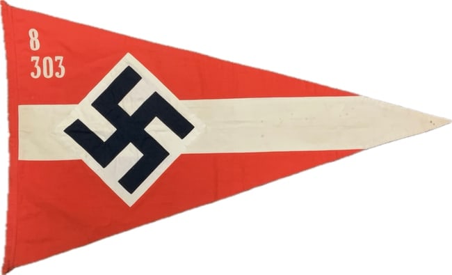 GERMANY THIRD REICH HITLER YOUTH BANNER: GERMANY THIRD REICH HITLER YOUTH BANNER. VERY NICE MULTY PIECE DDOUBLE SIDED CONSTRUCTION WITH EMBROIDERED UNIT NUMBER. 22" X 36" SIZE.