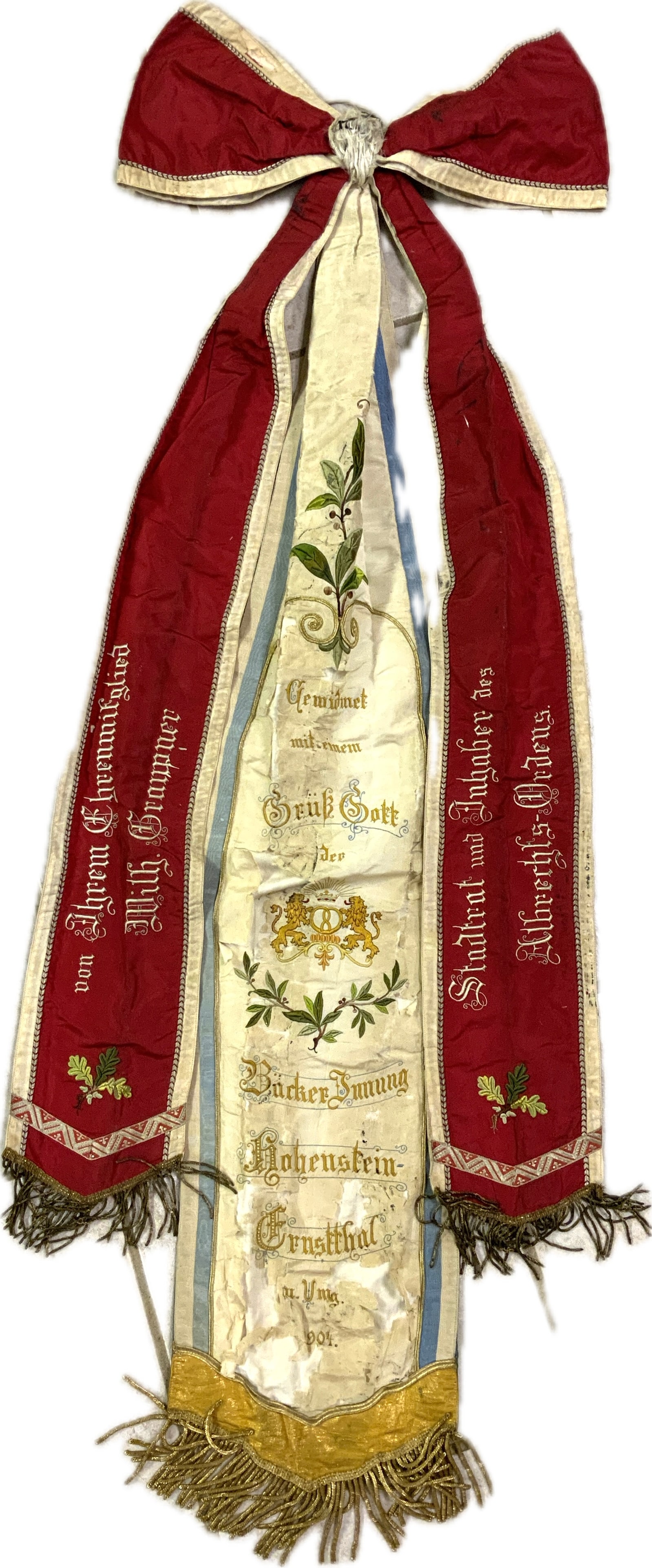 IMPERIAL GERMAN FLAG STANDARD SASH: IMPERIAL GERMAN FLAG STANDARD SASH.1904 DATED.VERY GOOD CONDITION FOR ITS AGE.BEAUTIFUL HAND EMBROIDERY. 52" LONG. SOME BACKING MATERIAL LOSS BUT STILL VERY NICE AND CLEAN. BEAUTIFUL PIECE.