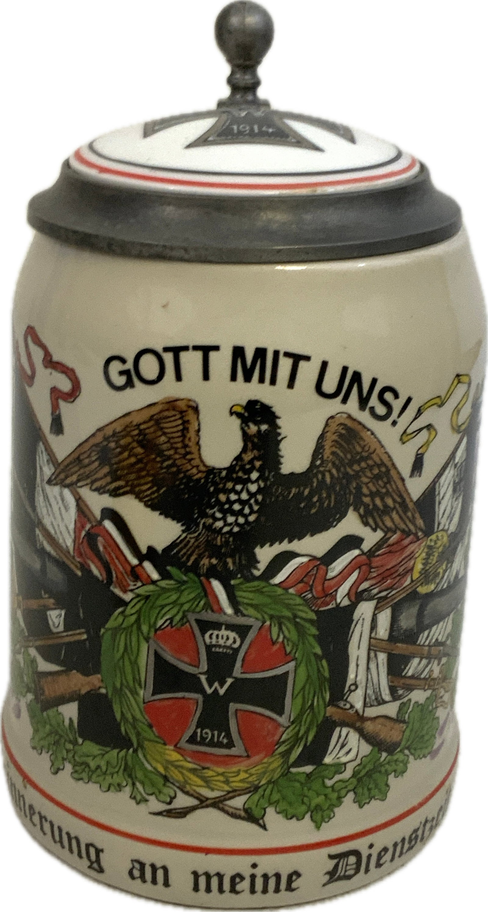 WWI GERMAN VETERANS BEER STEIN WITH LID: WWI GERMAN VETERANS BEER STEIN WITH LID.VERY GOOD CONDITION WITH NO CRACKS. 6" TALL.MAKER MARK ON THE LID.
