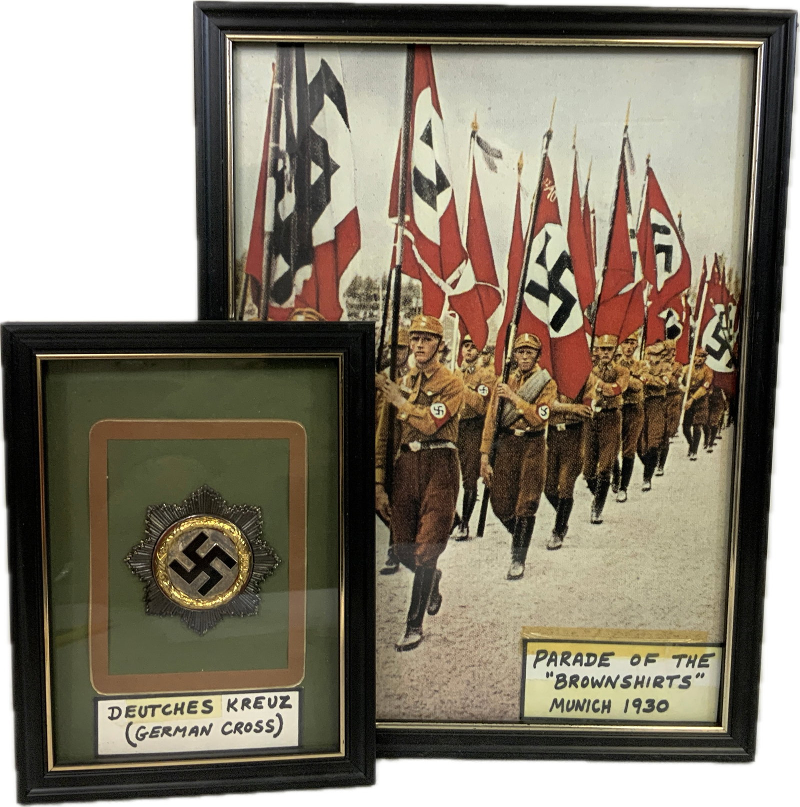 FRAMED BROWN SHIRTS MARCHING AND GERMAN CROSS: FRAMED BROWN SHIRTS MARCHING AND GERMAN CROSS. 6" X 8" AND 10" X 12" SIZE