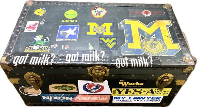 ANTIQUE STEAMER TRUNK DECORATED WITH VARIOUS STICKERS (1 of 7)