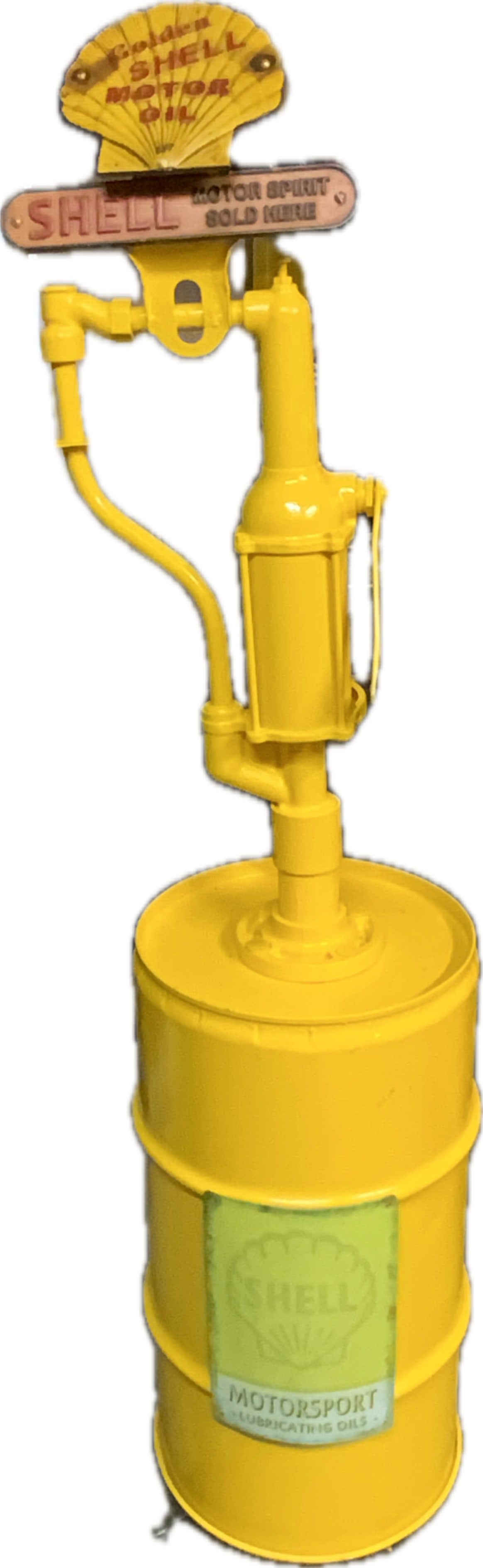 SHELL 1930'S COMMERCIAL GARAGE OIL PUMP: SHELL 1930'S COMMERCIAL GARAGE OIL PUMP AND 30 GALLON BARREL. RESTORED AND OPERATING. 64" OVERALL HEIGHT. CAN BE DISASSEMBLED FOR SHIPPING. RARE FIND. FROM DR. PAUL D LYNN PERSONAL COLLECTION.