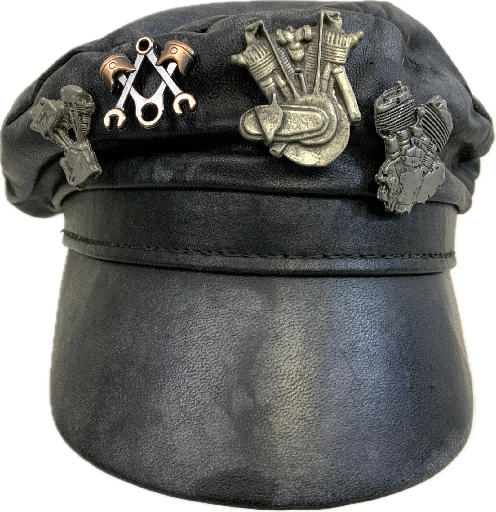 VINTAGE LEATHER MOTORCYCLE BIKER HAT: VINTAGE LEATHER MOTORCYCLE BIKER HAT.WELL USED BUT GOOD CONDITION.SIZE APPROX 58.SOME PINS ATTACHED.