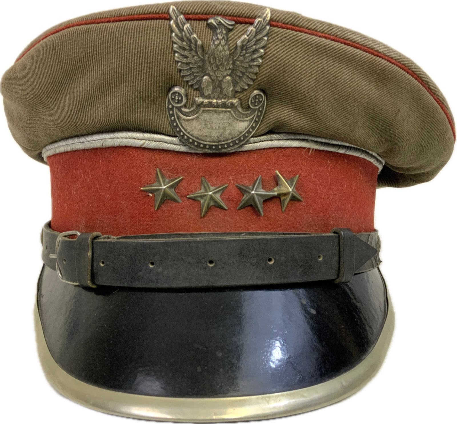 VINTAGE POLISH ARMY OFFICERS VISOR HAT: VINTAGE POLISH ARMY OFFICERS VISOR HAT.VERY NICE WELL USED CONDITION HAT. 4 STARS INSIGNIA TO THE FRONT.CIRCA ERALY 1950'S.