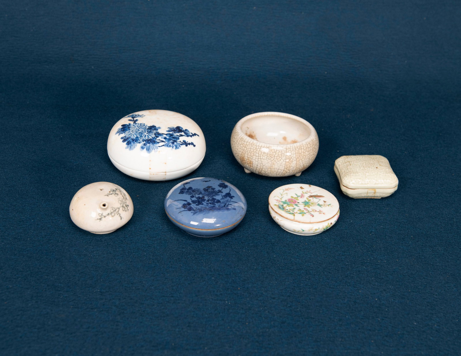 Four Chinese Ink Paste Boxes, A Chinese Water Dropper and A Chinese Water Pot: D:8.9cm, varying sizes
