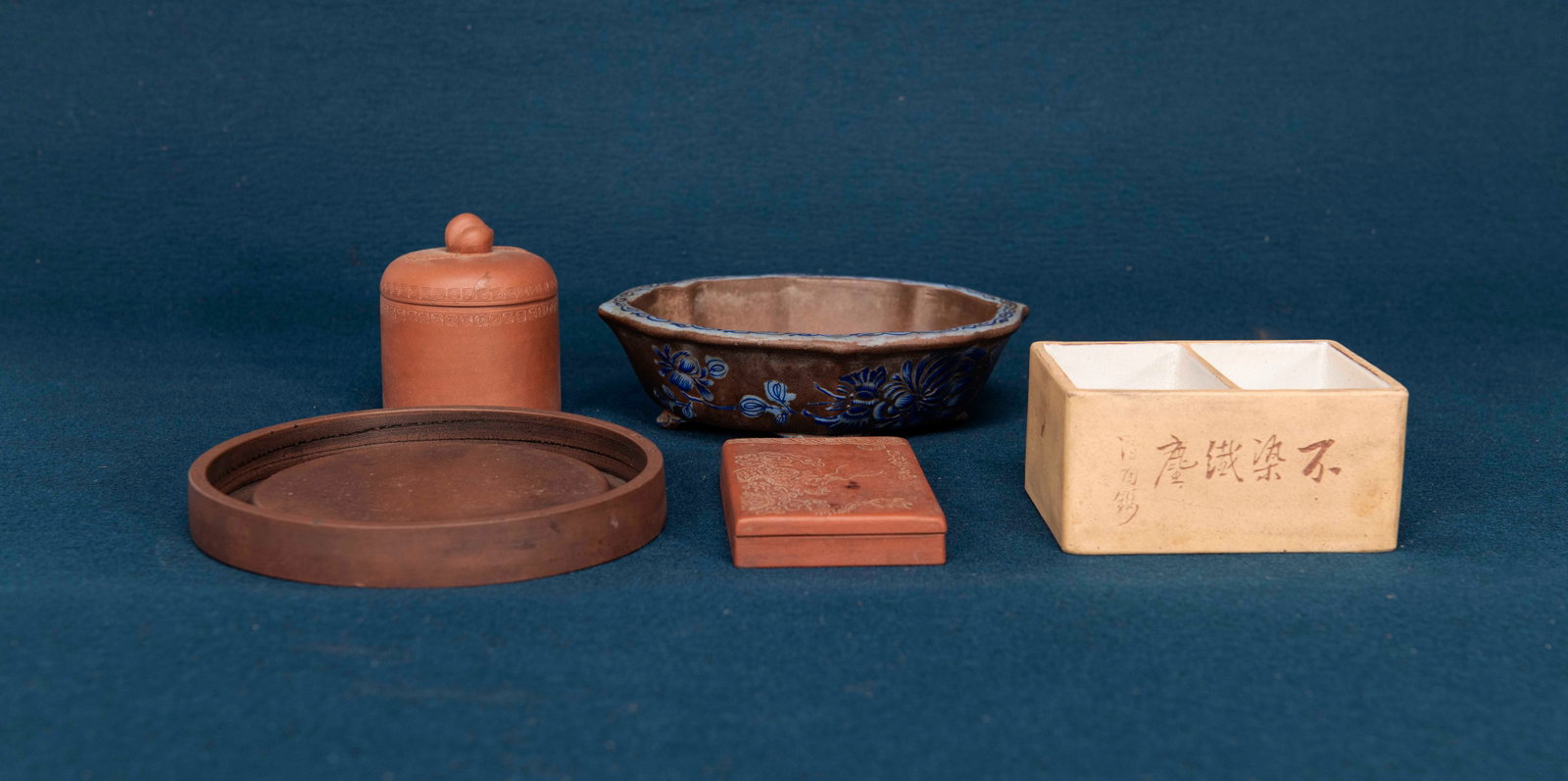 Five Piece of Chinese Zisha Ware: H:5.6cm, varying sizes
