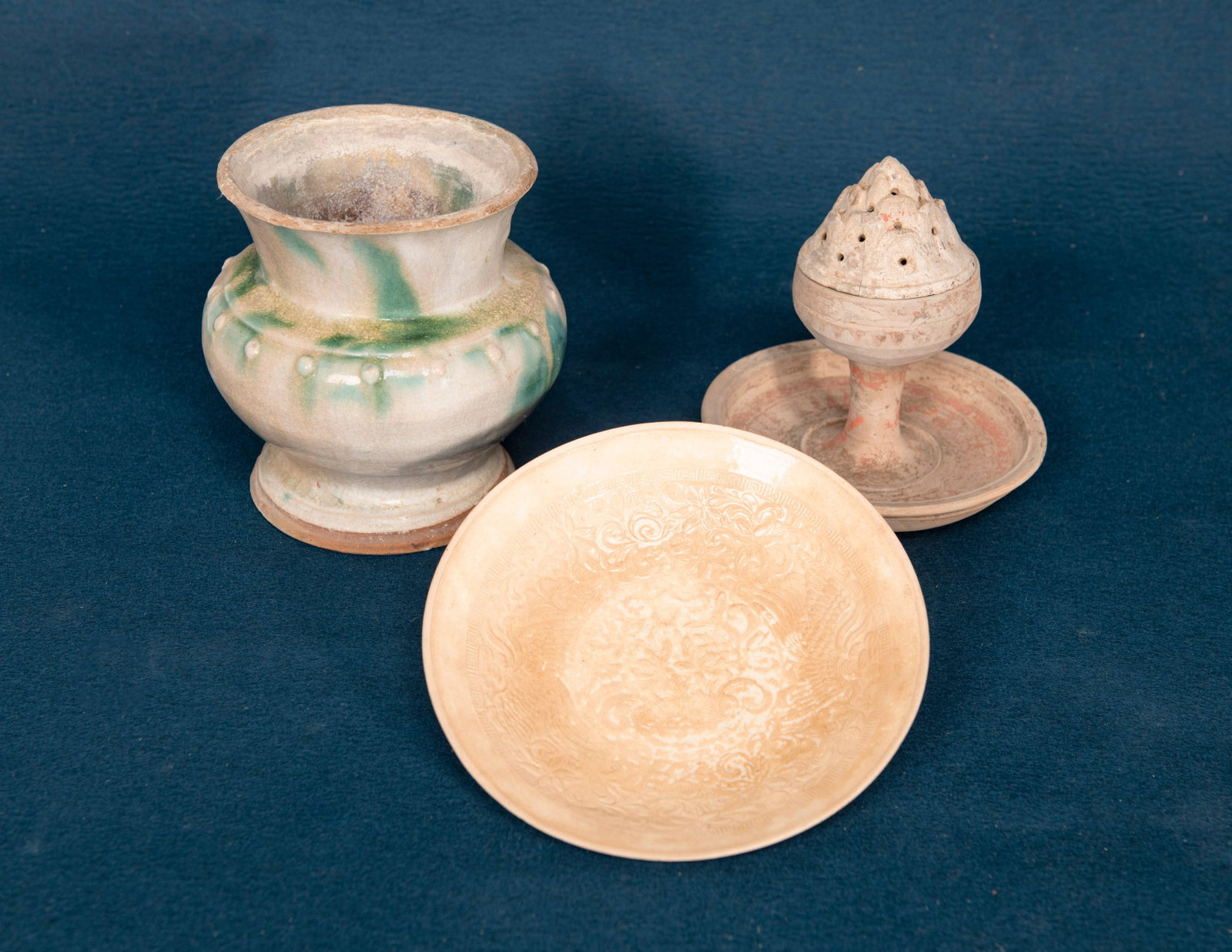 A Chinese Qinbai Glazed Dish, Jar and Censer: D:18.7, varying sizes crack
